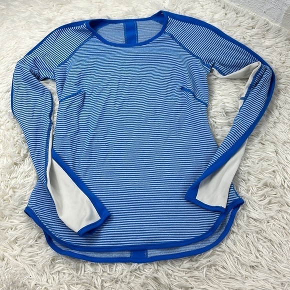 🔥$SALE$🔥 Lululemon Runder Under Long Sleeve Mini Check Pique Beaming Blue - Picture 1 of 4